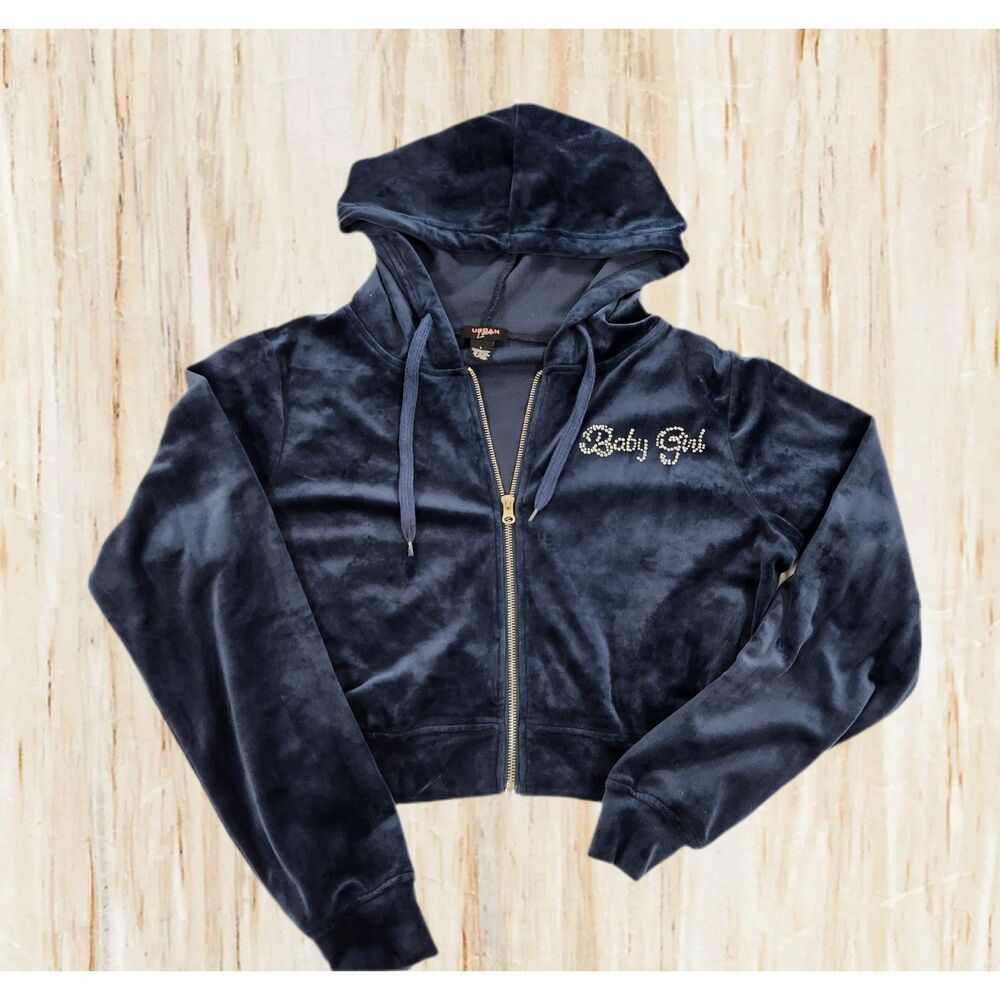 Urban Love Velour Zip Hoodie Jacket Size L Navy Y2K Cropped Rhinestone Lounge